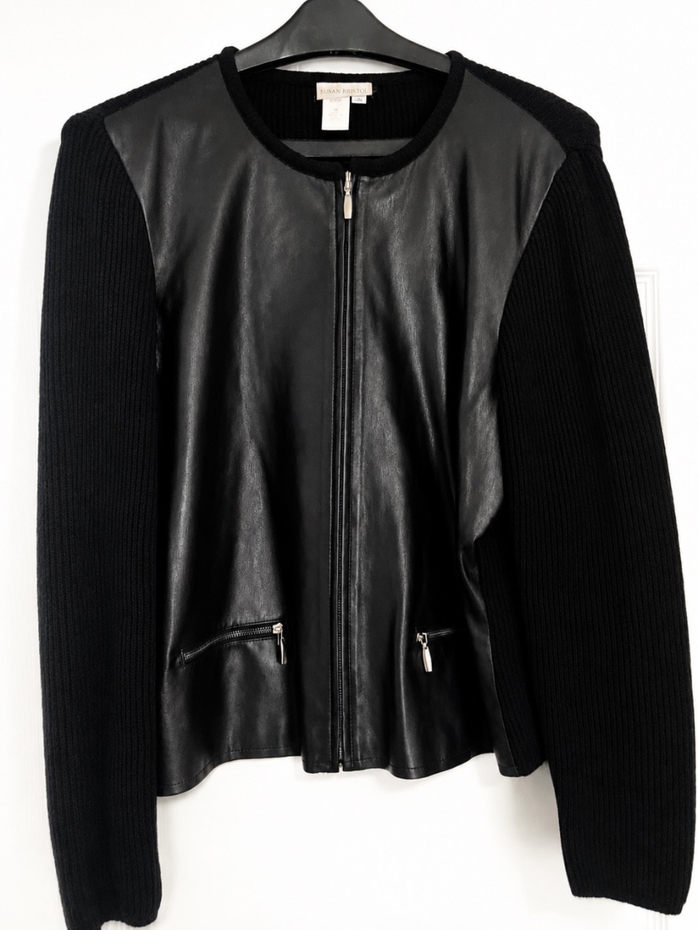 Coldwater Creek Black Leather-Front Knit-Sleeve Wool Jacket in size medium